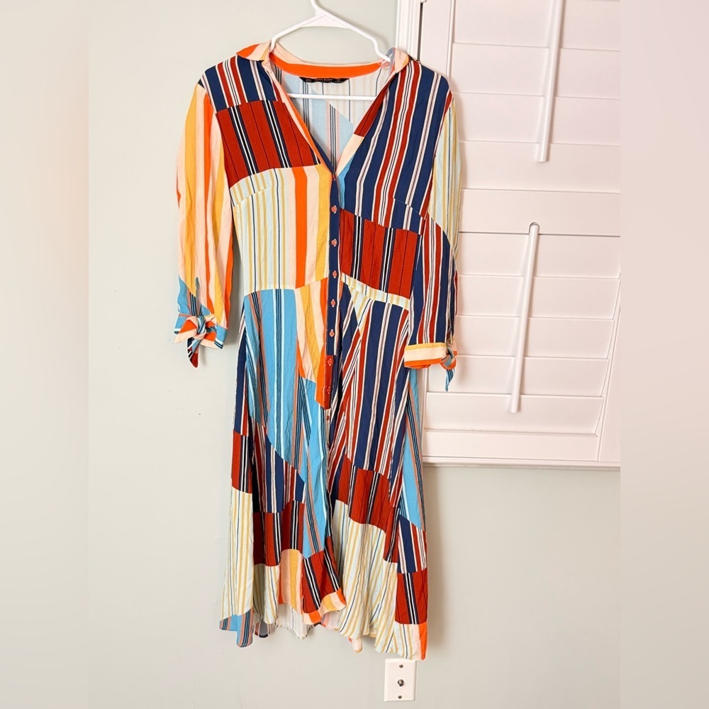 Zara Multicolor Striped Botton Down Dress Small